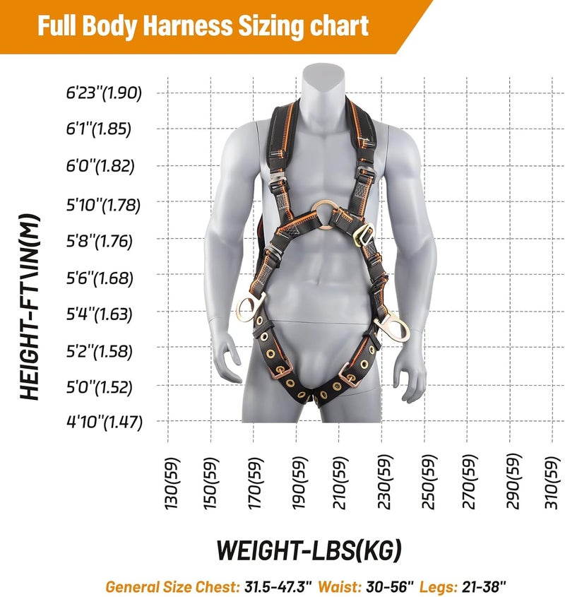 QFU Full Body Safety Harness & Fall Protection Kit with Padded Straps, ANSI Compliant, Includes Shock-Absorbing Lanyard for Roofing, Construction and Industrial Use - Image 5